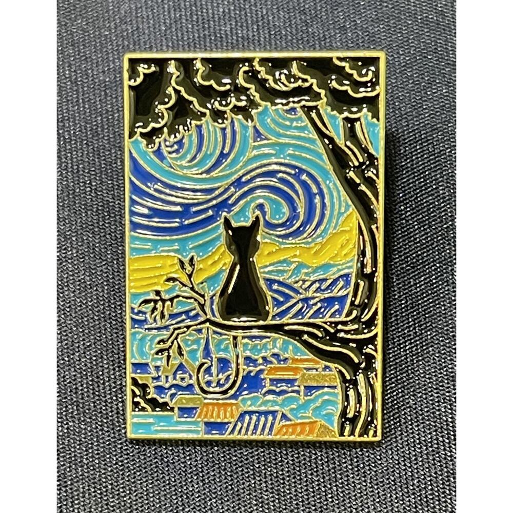 NWOT Black Cat Silhouette Enamel Lapel Pin Brooch Van Gogh Inspired